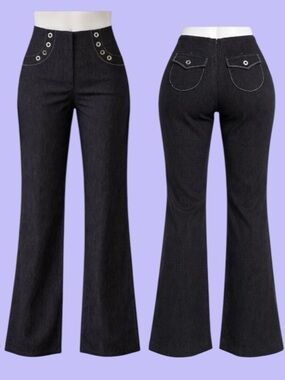 Svetlana 1990s Vintage Goth Black Wide-Leg Pants with Grommet Detail